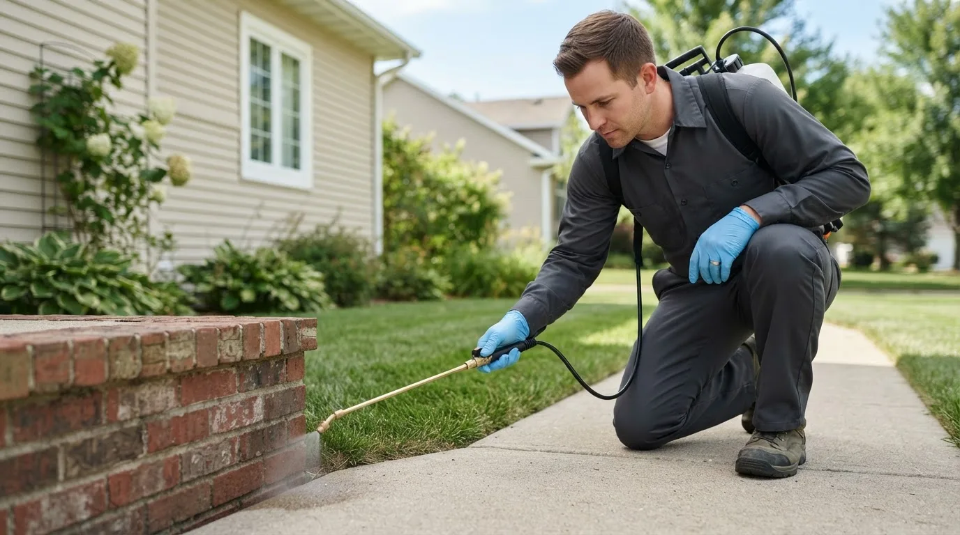 Pest control technician treating a home near Marion, SD